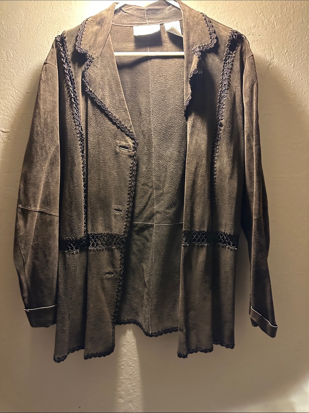 Women's Brown Open-Front Jacket with Crochet Trim